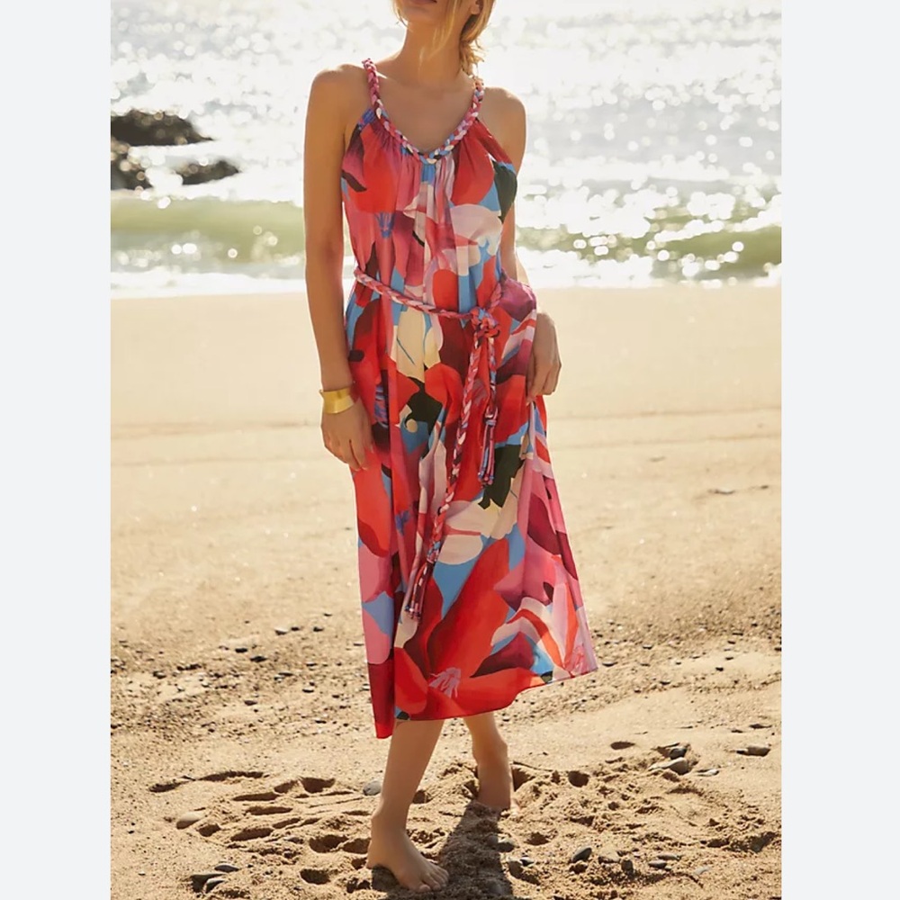 Farm Rio Color Festival Midi Dress Size L Women Boho Beach Sleeveless Tie Waist